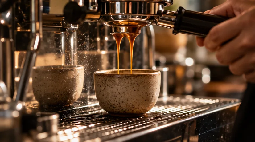 Fresh espresso being pulled into a ceramic cup at the coffee bar