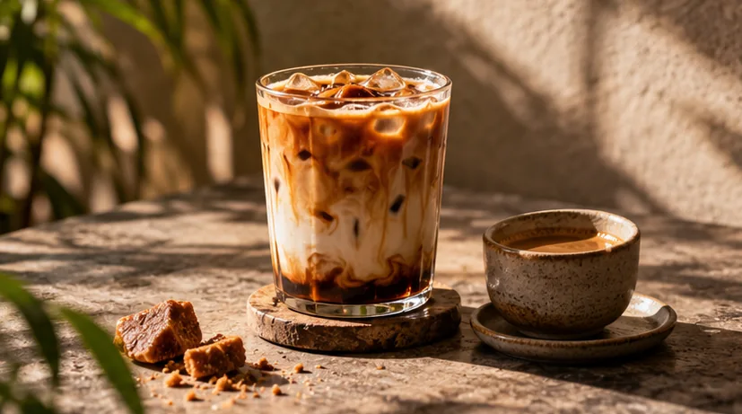 Iced coffee with creamy swirls in a glass on a warmly lit table